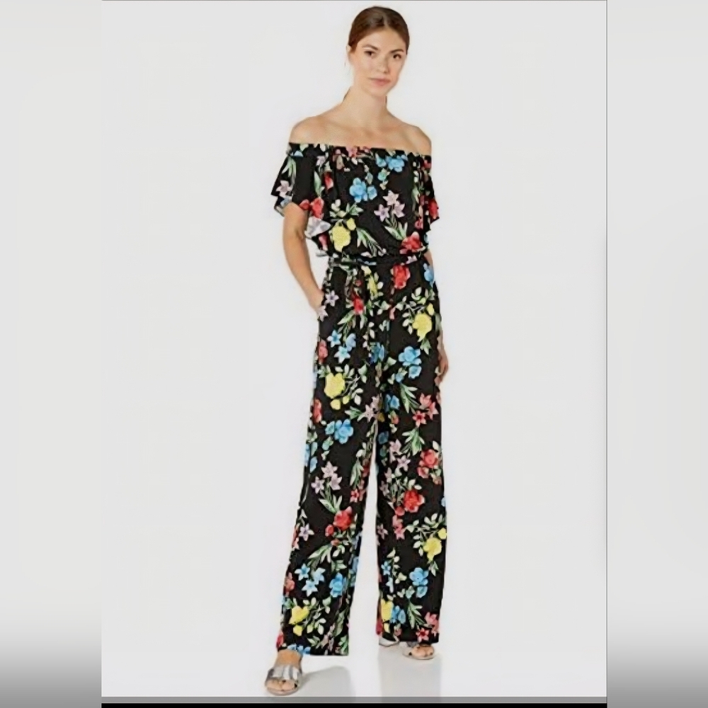 Calvin Klein Black Floral Jumpsuit, Nwt, Size L, Strech Fabric